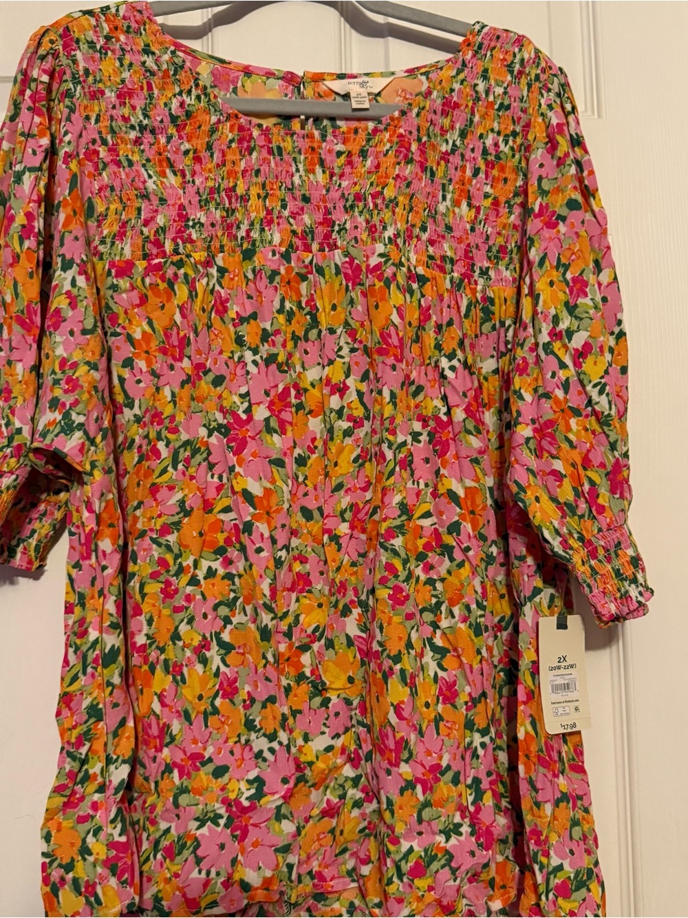 Terra & Sky Floral Smocked Top in Pink, Orange & Green - Picture 2 of 14